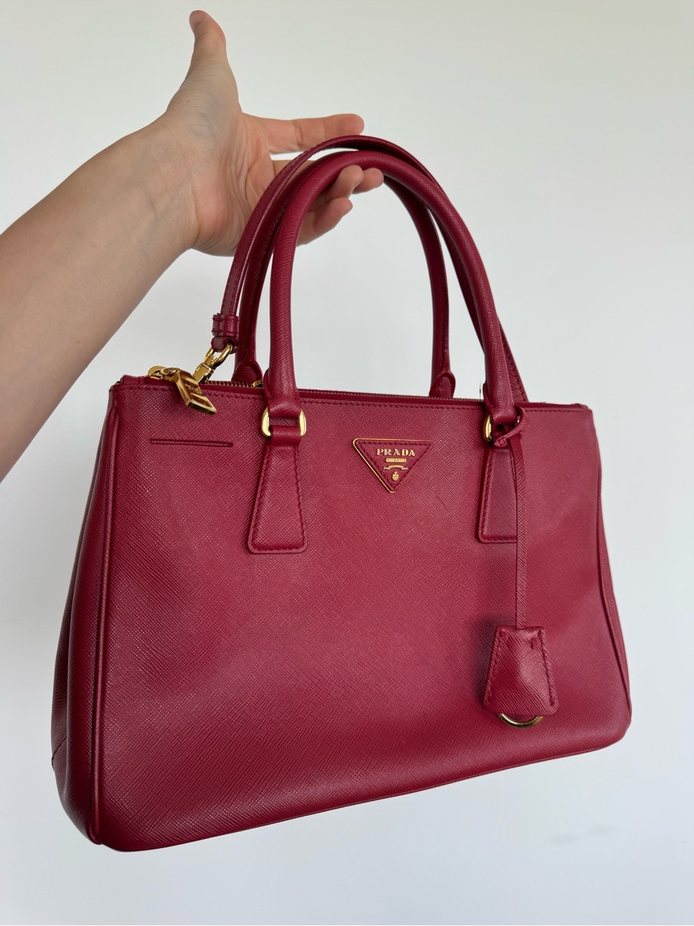 Prada Red Saffiano Satchel with Gold Hardware